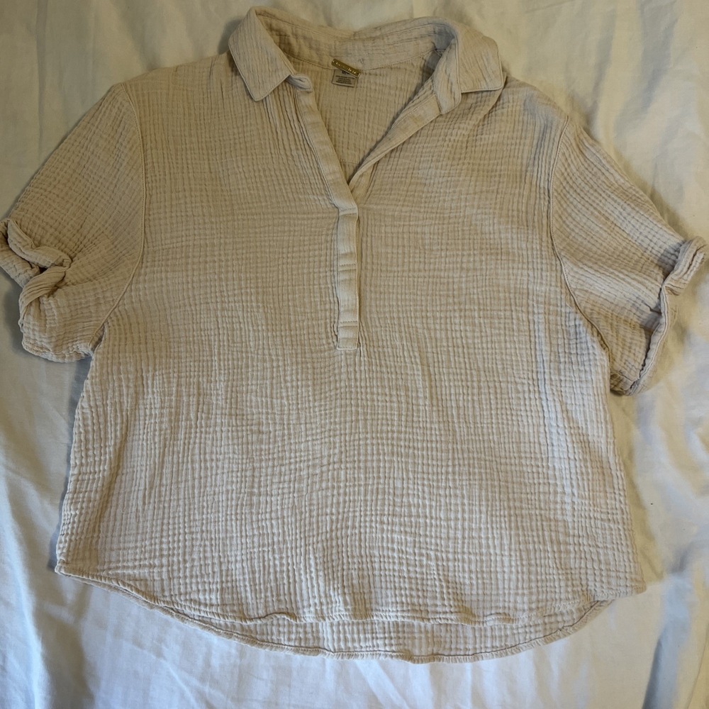 Magaschoni Cream Gauze Cotton Top Womens M Short Sleeve Lightweight Relaxed Fit
